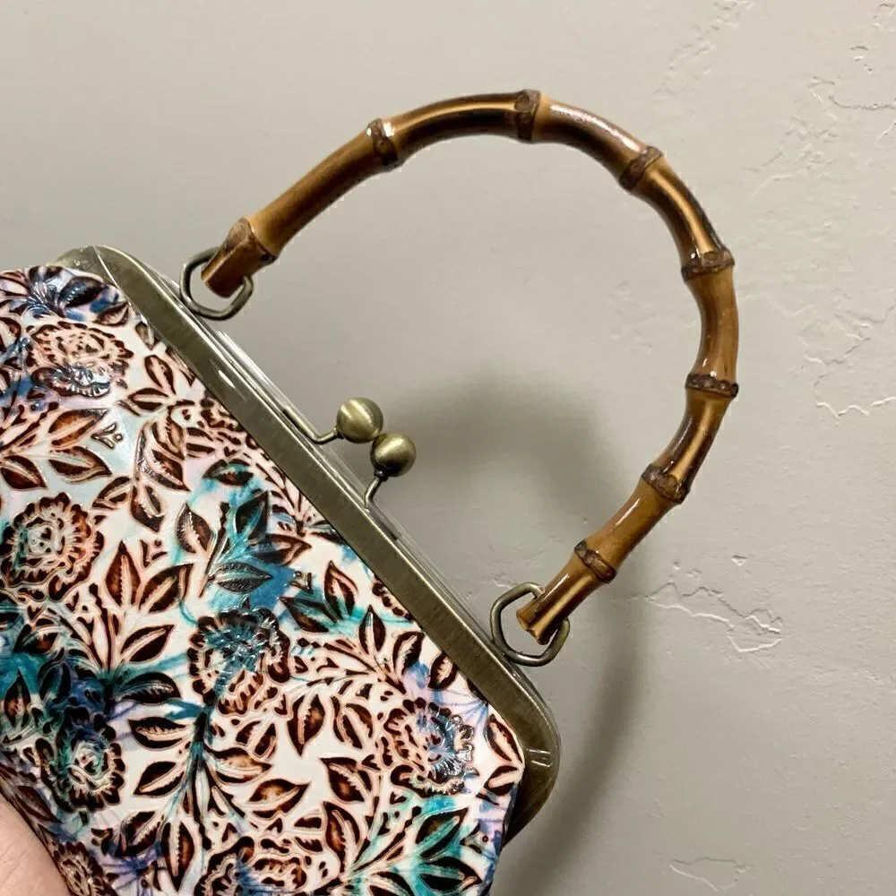 Handmade Genuine Leather Floral Embossed Real bamboo Handle Satchel/Crossbody